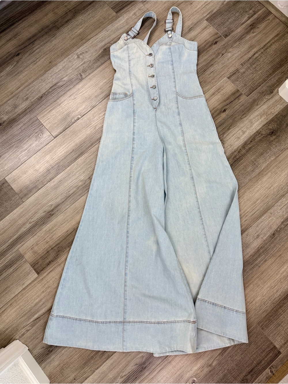 Fashion Nova Light Wash Denim Wide-Leg Jumpsuit